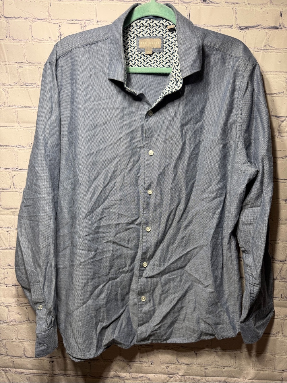 Ted Baker Mens Mini Chevron Print Blue Dress Shirt Sz XL Cotton Business Casual